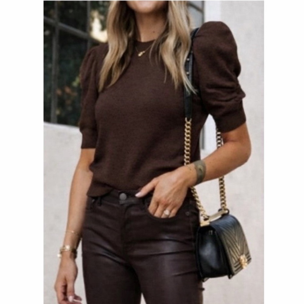 NWOT Frame Frankie 100 % Cashmere Ruched Puff Sleeve Sweater - Short Sleeves